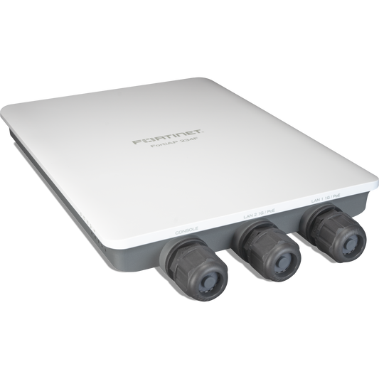 FortiAP-234F Outdoor Wirelss AP - Tri radio (802.11 b/g/n/ax 2x2 MU-MIMO, 802.11 a/n/ac/ax 2x2 MU-MIMO and 1x 802.11 a/b/g/n/ac Wave 2, 1x1 ), internal antennas, 2x 10/100/1000 RJ45 port, BT/BLE, Console Port (RJ45). Pole/wall mount kit and P [FAP-234F-E]