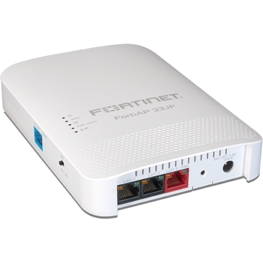 FortiAP-23JF Wall Plate AP - Tri-radio (802.11 b/g/n/ax 2x2 MU-MIMO and 802.11 a/n/ac/ax 2x2 MU-MIMO), internal antennas, 4 x 10/100/1000 RJ45 port (1x 802.3at PoE PD, 1x 802.3af PoE PSE, 2x Non-PoE Ports), BT / BLE, Console Port (RJ45). Wall [FAP-23JF-E]