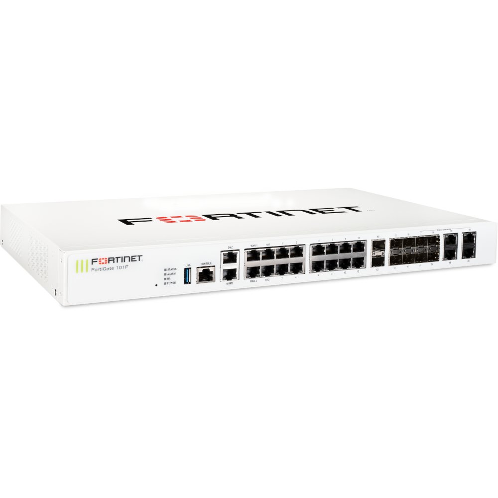 FortiGate-101F-LENC 22 x GE RJ45 ports (including 2 x WAN ports, 1 x DMZ port, 1 x Mgmt port, 2 x HA ports, 16 x switch ports with 4 SFP port shared media), 4 SFP ports, 2x 10G SFP+ FortiLinks, 480GB onboard storage, dual power supplies red [FG-101F-LENC]
