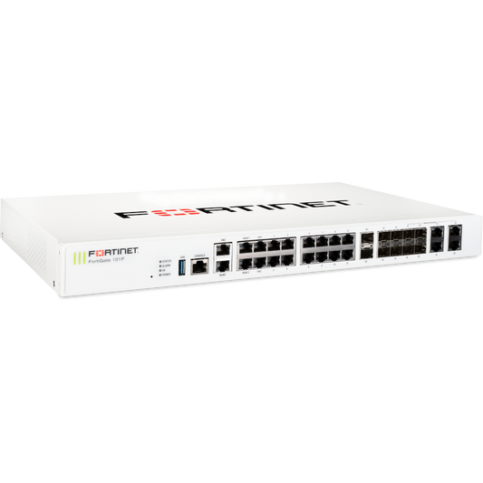 FortiGate-101F 22 x GE RJ45 ports (including 2 x WAN ports, 1 x DMZ port, 1 x Mgmt port, 2 x HA ports, 16 x switch ports with 4 SFP port shared media), 4 SFP ports, 2x 10G SFP+ FortiLinks, 480GB onboard storage, dual power supplies redundancy. [FG-101F]