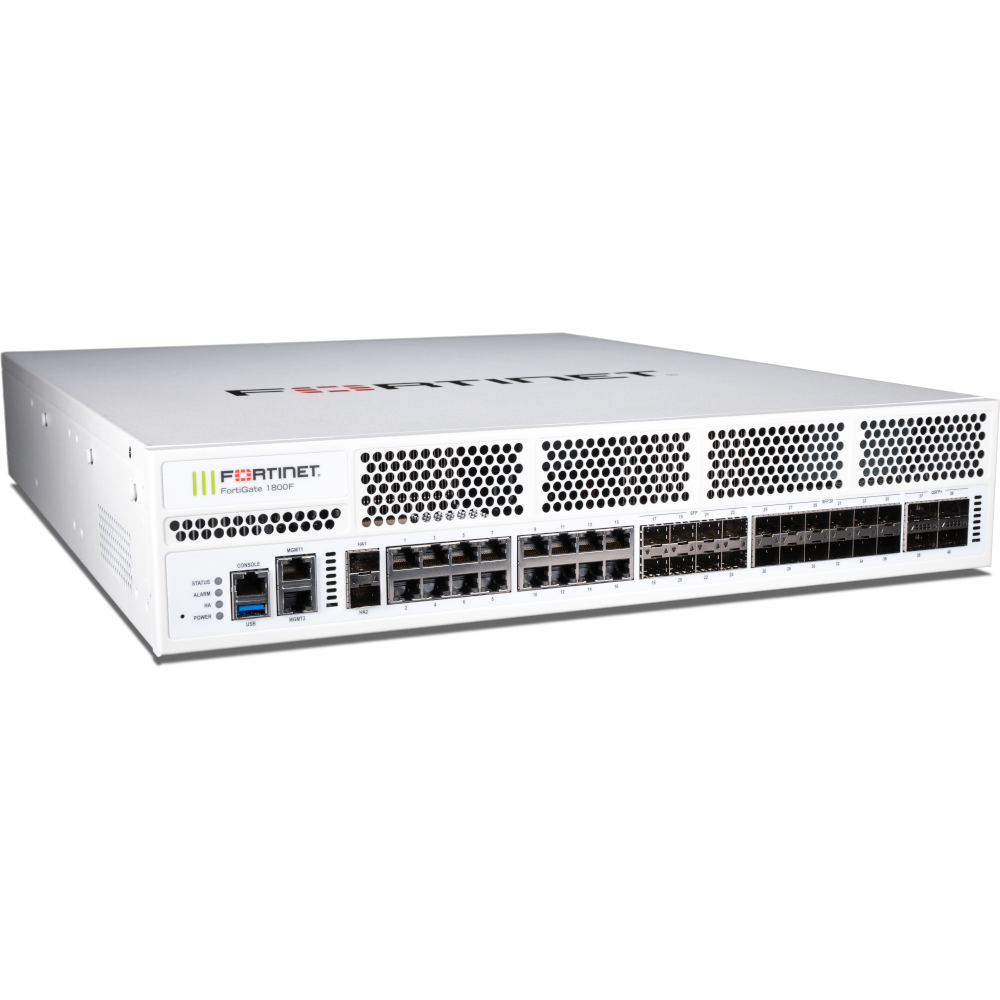 FortiGate-1800F-LENC 4 x 40GE QSFP+ slots, 12 x 25GE SFP28 /10GE SFP+ slots, 2x10GE SFP+ HA slots, 8 x GE SFP slots, 18 x GE RJ45 ports. SPU NP7 and CP9 accelerated, dual AC power supplies [FG-1800F-LENC]