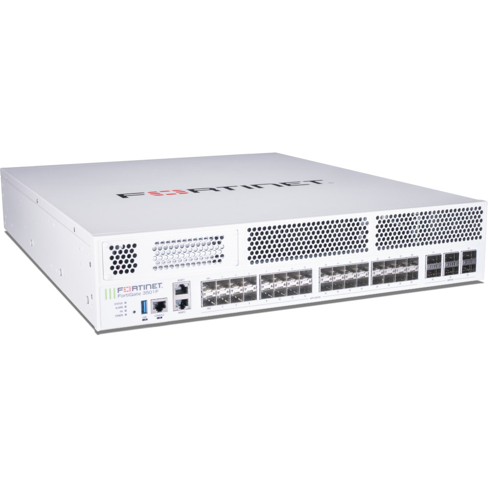 FortiGate-3501F 6x 100GE/ 40GE QSFP28 slots and 32x 25GE/ 10GE SFP28 slots, 2x 10GE RJ45 Management Ports, SPU NP7 and CP9 hardware accelerated, 2x 1.92TB TB SSD onboard storage, and 2 AC power supplies. [FG-3501F]