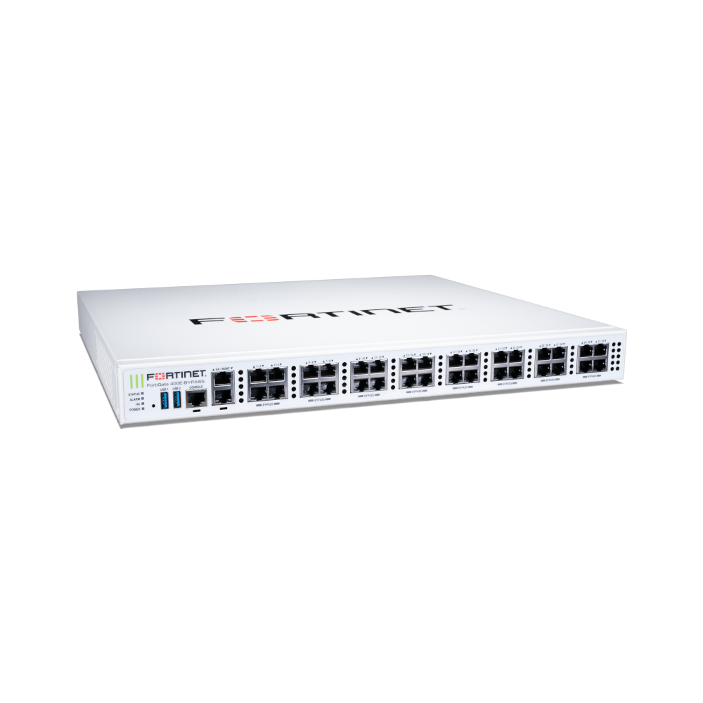FortiGate-400E-BYPASS 32 x 10/100/1000 RJ45 (16 bypass pairs) ports, 1 x MGMT, 1 x HA, dual AC power supplies [FG-400E-BYPASS]
