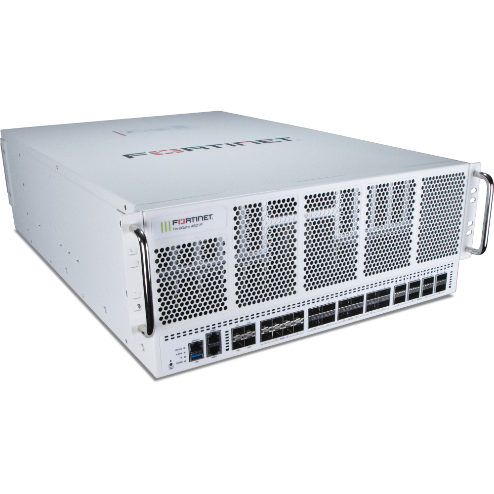 FortiGate-4801F 8x 400GE/200GE QSFP-DD slots, 12x 200GE/100GE/40GE QSFP56/28 slots and 12x 50GE/25GE/10GE SFP56/28 slots, 2 x 10GE RJ45 Management Ports, SPU NP7 and CP9 hardware accelerated, 2x 1.92TB Storage and 4 AC power supplies [FG-4801F]