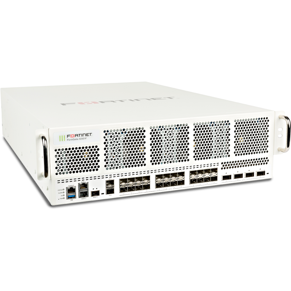FortiGate-6301F-DC 4x 40/100GE QSFP28 slots, 24x 1/10/25GE SFP28 slots, 2x 1GE RJ45 management ports, 2x 1/10GE SFP+ HA slots, 1x 1/10GE SFP+ MGMT slot, 2x 960 GB NVMe, and 2x DC power supplies [FG-6301F-DC]