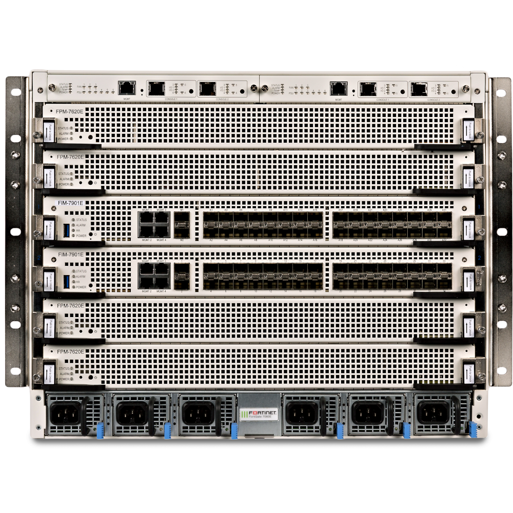FortiGate-7060E-9 8U 6-slot chassis with 2x FPM-7630E Processor Modules, 2x FIM-79xxE-C specified at purchase, 2x Manager Module and 4x hot swappable redundant PSU [FG-7060E-9]