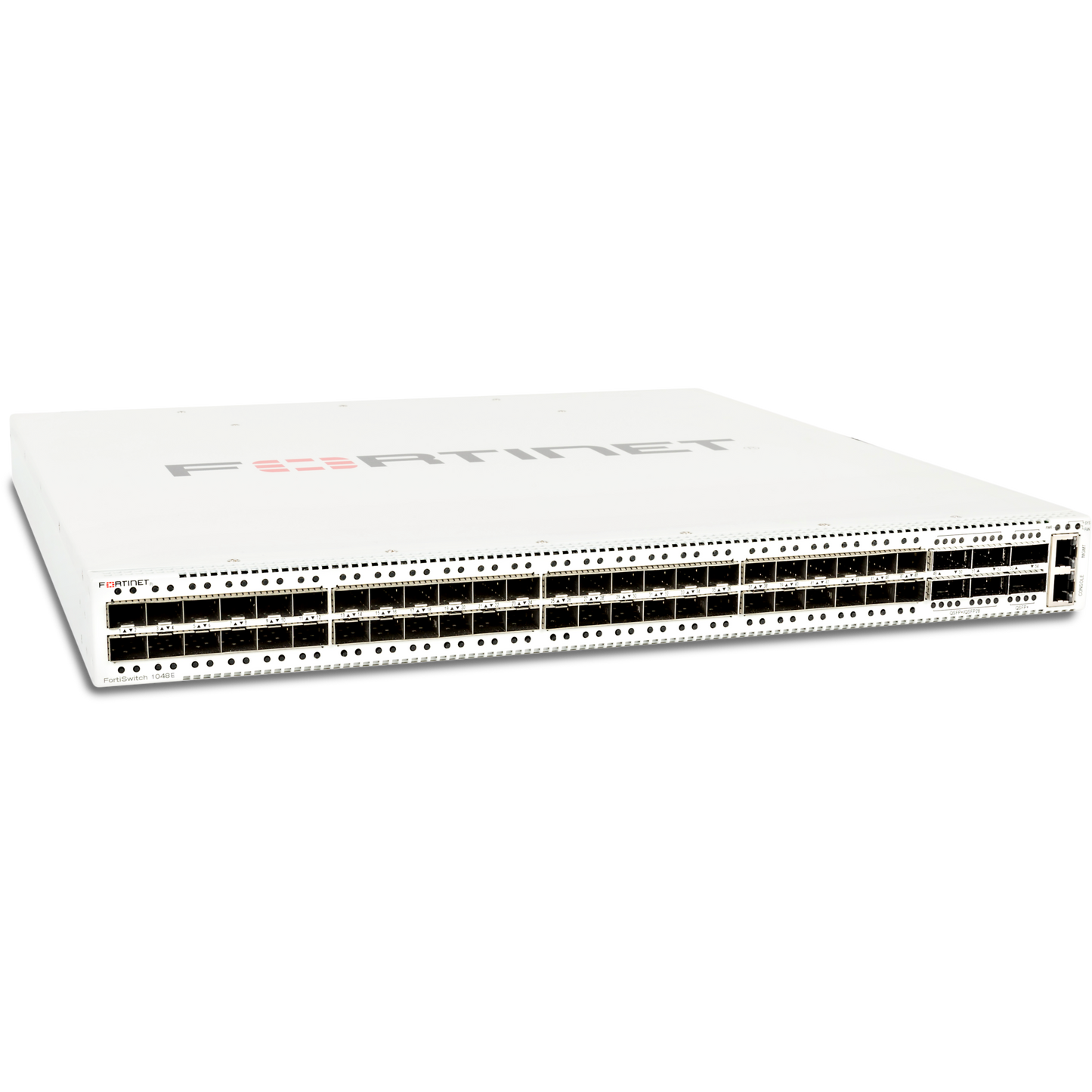 FortiSwitch-1048E Layer 2/3 FortiGate switch controller compatible switch with 48 x GE/10GE SFP/SFP+ slots and 6 x 40GE QSFP+ or 4 x 100GE QSFP28. Dual AC power supplies [FS-1048E]