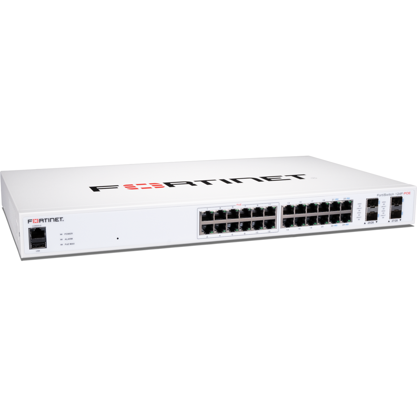 FortiSwitch-124F-POE Layer 2 FortiGate switch controller compatible PoE+ switch with 24x 1G RJ45 and 4x 10G/1G SFP+/SFP ports and 1x RJ45 console port. Ports 1 to 12 support PoE+ with maximum 185W PoE output limit with smart fan/temperature  [FS-124F-POE]