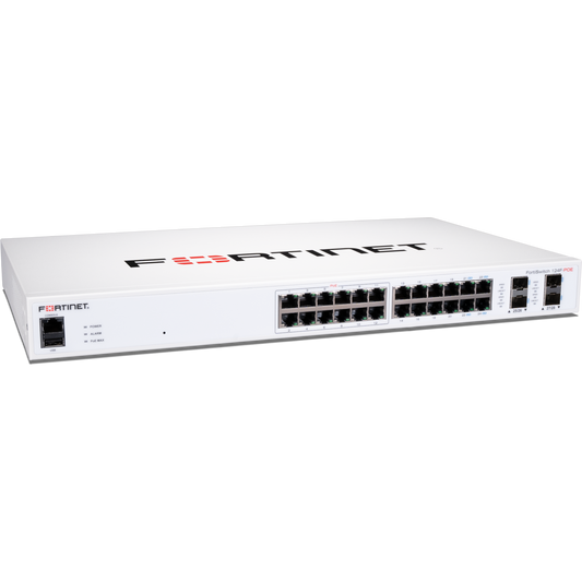 FortiSwitch-124F-POE Layer 2 FortiGate switch controller compatible PoE+ switch with 24x 1G RJ45 and 4x 10G/1G SFP+/SFP ports and 1x RJ45 console port. Ports 1 to 12 support PoE+ with maximum 185W PoE output limit with smart fan/temperature  [FS-124F-POE]