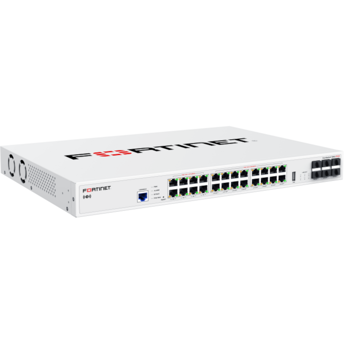 FortiSwitch-124G Layer 2 FortiGate switch controller compatible switch with 24x 2.5G/1G/100M RJ45 and 6x 10G/1G SFP+/SFP ports, and 1x RJ45 console port. Fanless. [FS-124G]