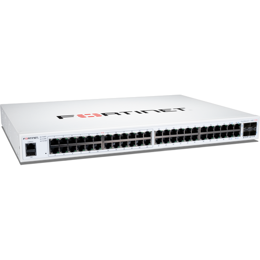 FortiSwitch-148F-POE Layer 2 FortiGate switch controller compatible PoE+ switch with 48x 1G RJ45 and 4x 10G/1G SFP+/SFP ports and 1x RJ45 console port. Ports 1 to 24 support PoE+ with maximum 370W PoE output limit. [FS-148F-POE]