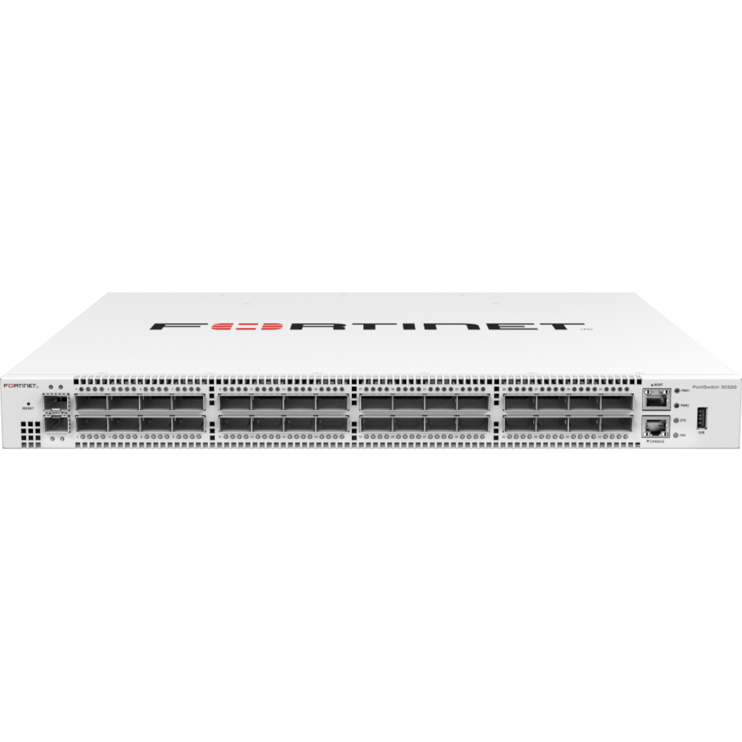 FortiSwitch-3032G Layer 2/3 FortiGate switch controller compatible switch with 32 x 100 GE/40 GE QSFP28/QSFP+ and 2 x 10GE SFP+ ports. Dual AC power supplies. [FS-3032G]