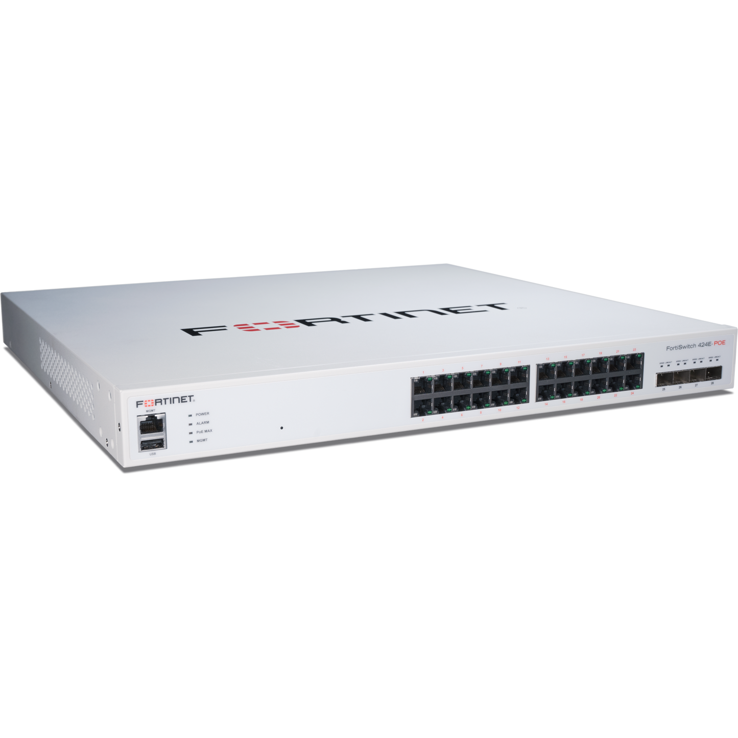 FortiSwitch-424E-POE Layer 2/3 FortiGate switch controller compatible PoE+ switch with 24 x GE RJ45 ports, 4 x 10 GE SFP+, with automatic Max 250W POE output limit [FS-424E-POE]