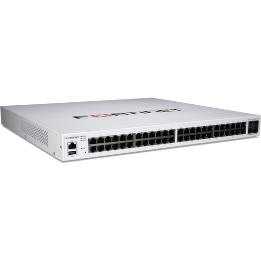 FortiSwitch-448E-POE Layer 2/3 FortiGate switch controller compatible PoE+ switch with 48 x GE RJ45 ports, 4 x 10 GE SFP+, with automatic Max 421W POE output limit [FS-448E-POE]