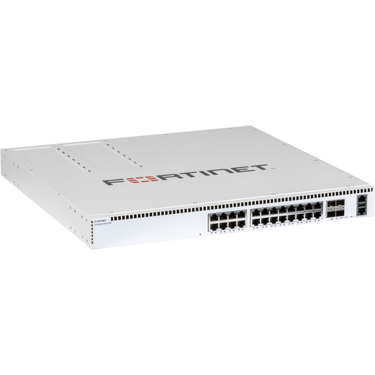 FortiSwitch-624F-FPOE Layer 2/3 FortiGate switch controller compatible PoE 802.3bt switch with 24x 5G RJ45 ports, 4x 25G SFP28 and MACSec. Max 1400W POE output limit [FS-624F-FPOE]
