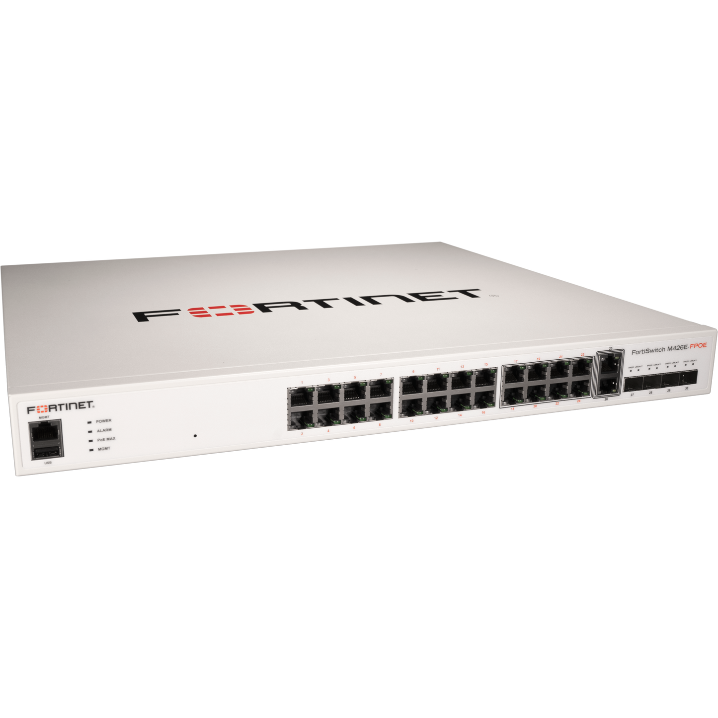 FortiSwitch-M426E-FPOE Layer 2/3 FortiGate switch controller compatible PoE+ switch with 16 x GE RJ45 ports, 8 x MultiGIG 2.5 GE UPOE (60W) capable RJ45 ports,  2 X MulitGiG 5GE RJ45 ports, 4X SFP+, with automatic Max 421W POE output limit [FS-M426E-FPOE]