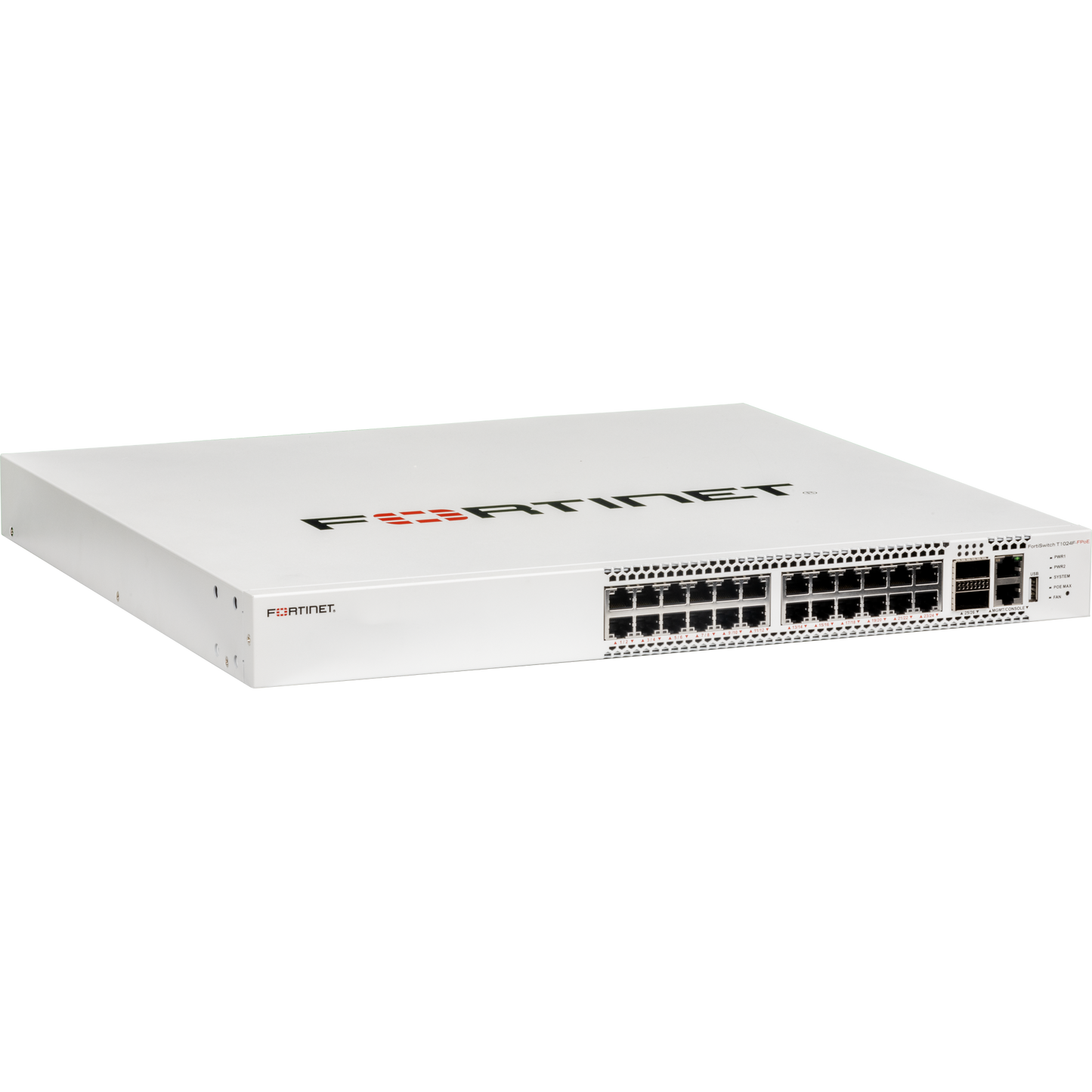 FortiSwitch-T1024F-FPOE Layer 2/3 FortiGate switch controller compatible PoE 802.3bt switch with 24 x 10G/5G/2.5G/1G RJ45 and 2 x 100GE QSFP28 ports. Max 1440W PoE output limit. Dual AC power supplies. [FS-T1024F-FPOE]
