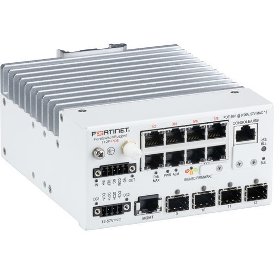 FortiSwitchRugged-112F-POE Layer 2 ruggedized FortiGate switch controller compatible PoE switch with 8 x 1GE/100M/10M RJ45 PoE 802.3bt type 4 (90W) with maximum 240W limit, and 4 x 1G/100M SFP. IP40 rating. [FSR-112F-POE]
