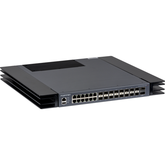 FortiSwitchRugged-424F-POE Layer 2/3 ruggedized FortiGate switch controller compatible switch 12x 2.5 GE RJ45, 12x 2.5 GE SFP+, 4x 10 GE SFP+ and 2x 40 GE QSFP+, 12 port PoE UPOE (60W) with maximum 420W limit. IP40 rating. [FSR-424F-POE]